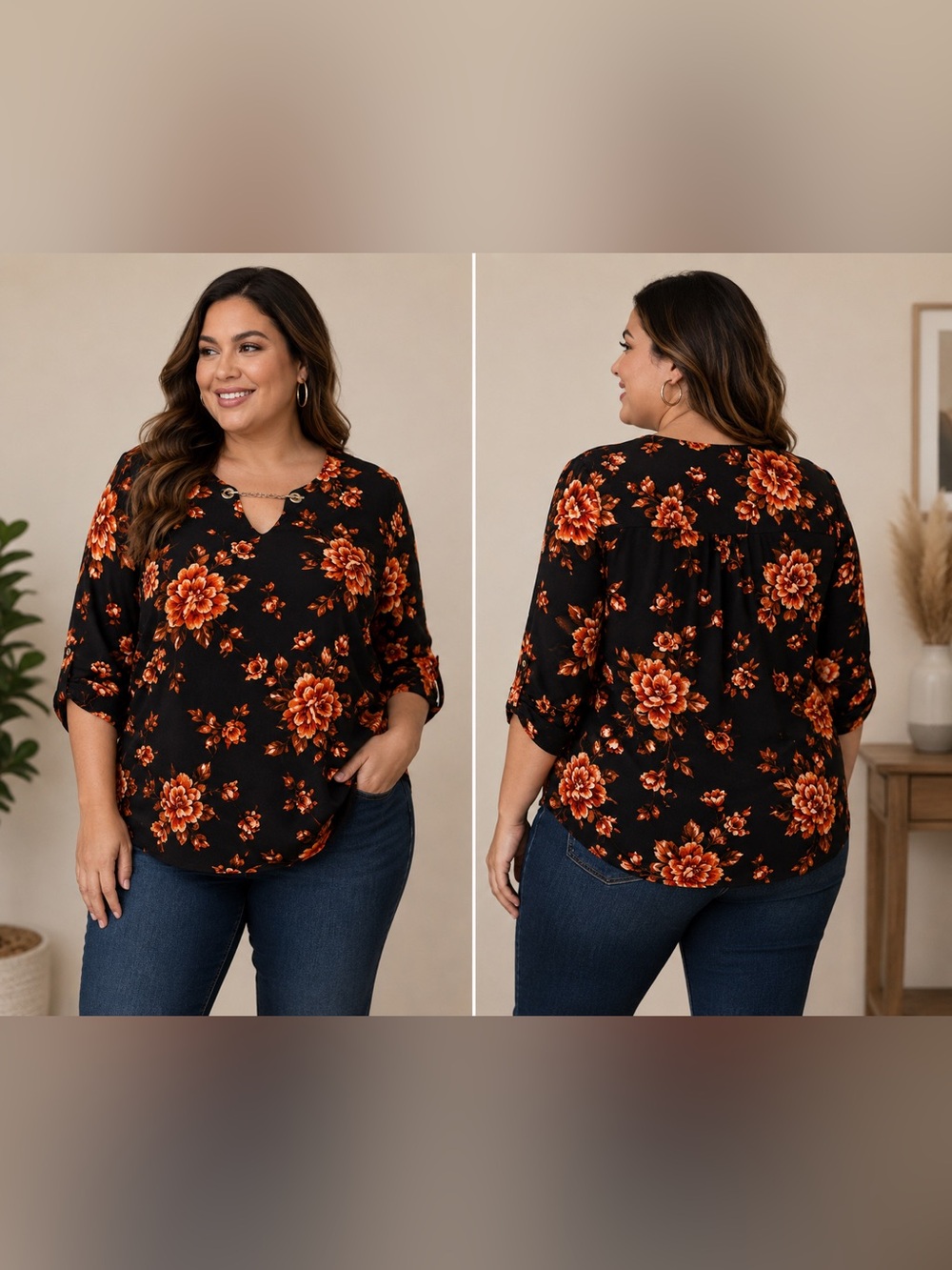 torrid Black Blouse with Orange Floral Print